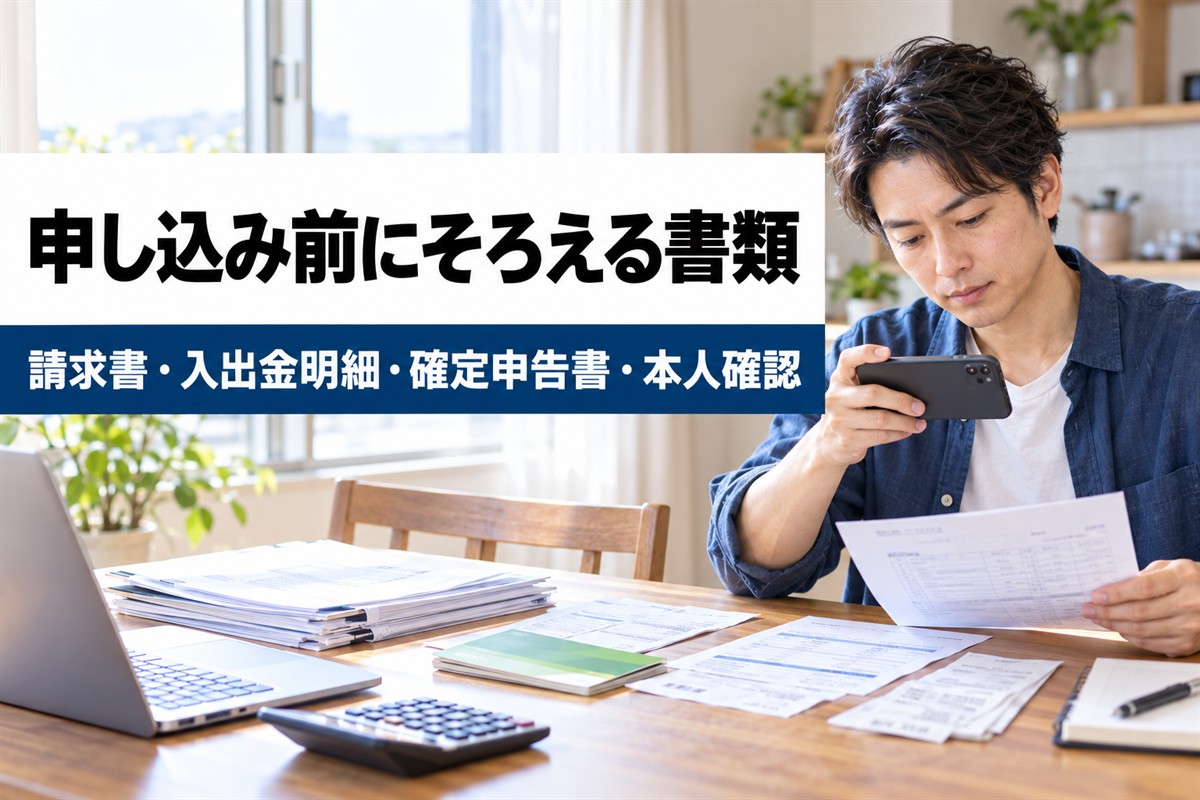 申し込み前にそろえる書類。請求書・入出金明細・確定申告書・本人確認